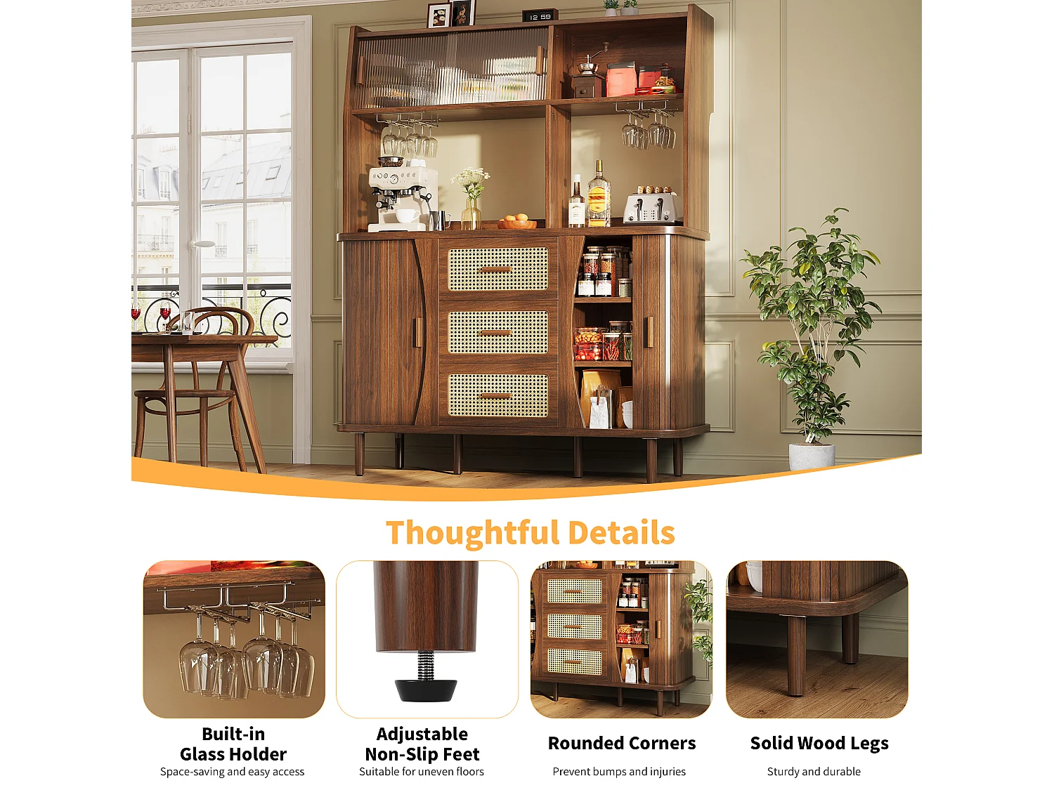High kitchen sideboard with rattan look - 140 x 40.5 x 174.5 cm - with doors + shelves + drawers - MDF + metal - brown