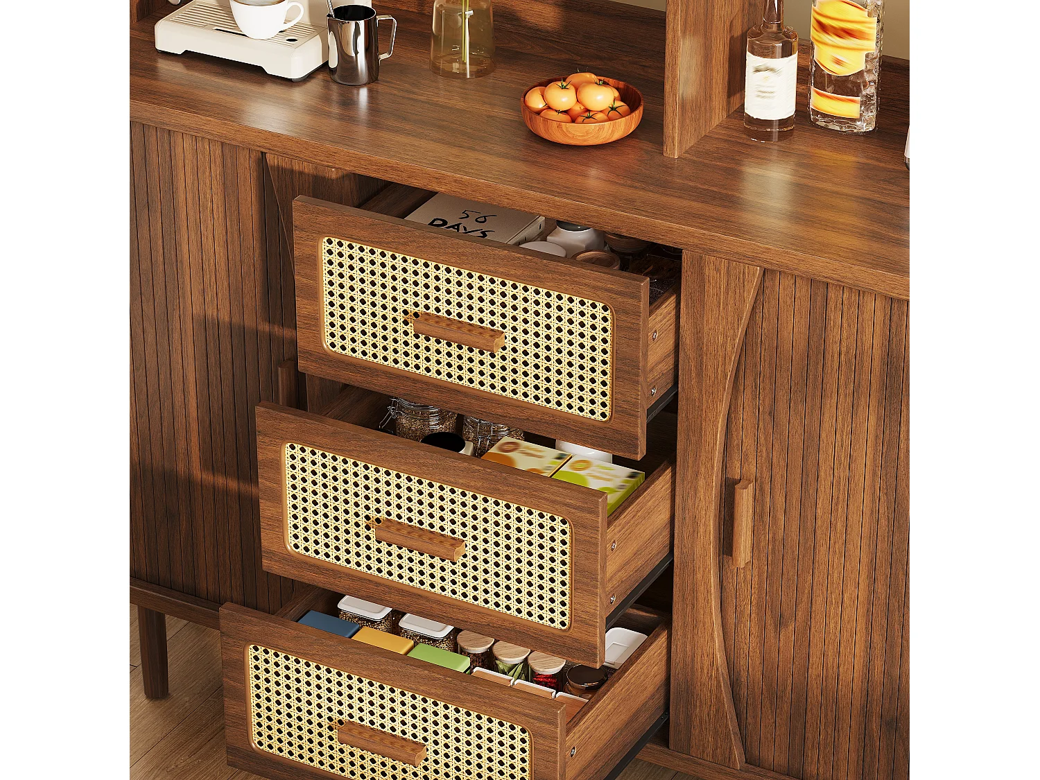 High kitchen sideboard with rattan look - 140 x 40.5 x 174.5 cm - with doors + shelves + drawers - MDF + metal - brown