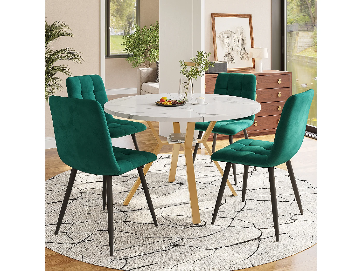 Set of 5 dining table and chairs - 100 x 100 x 75 cm - round table + 4 velvet chairs - MDF - green + white