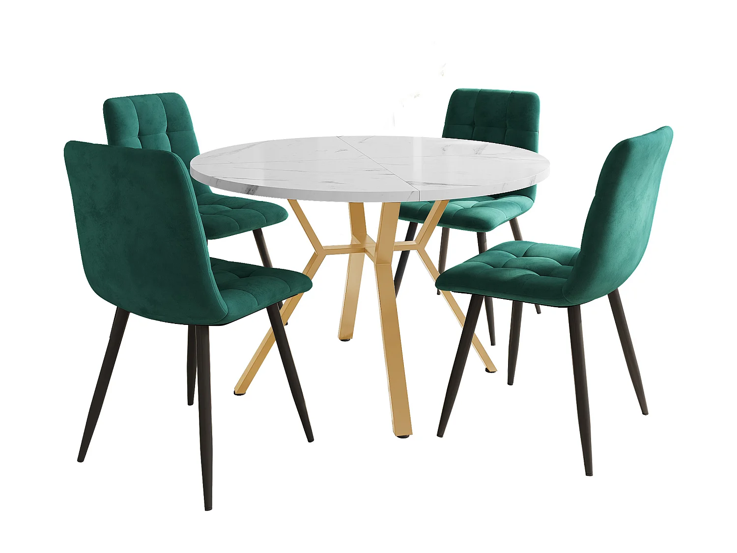 Set of 5 dining table and chairs - 100 x 100 x 75 cm - round table + 4 velvet chairs - MDF - green + white