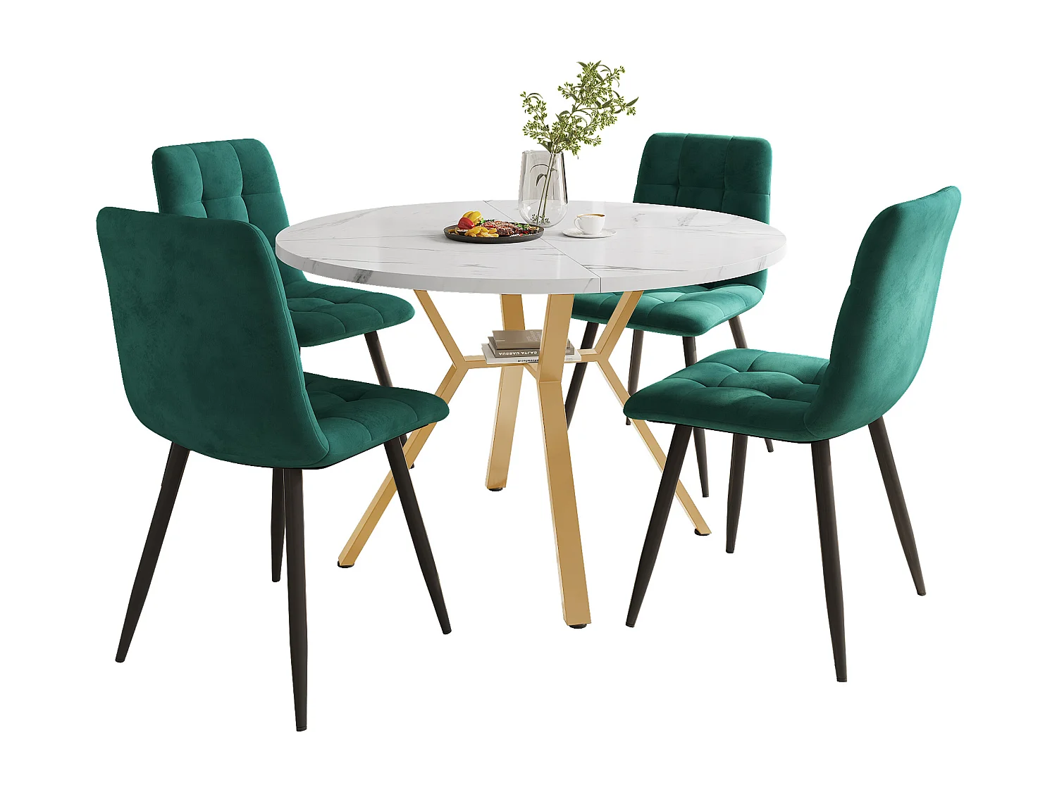 Set of 5 dining table and chairs - 100 x 100 x 75 cm - round table + 4 velvet chairs - MDF - green + white