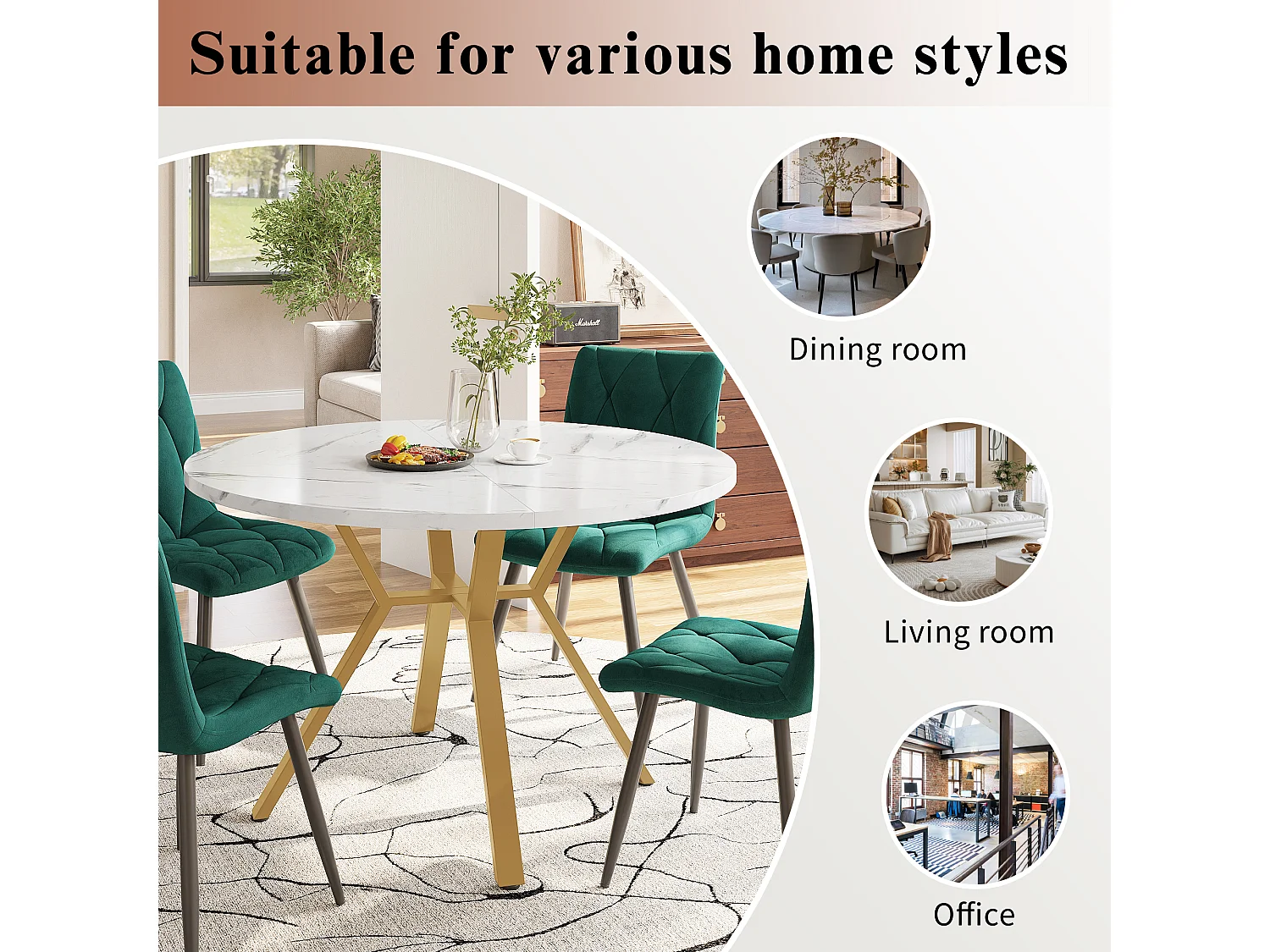 Set of 5 dining table and chairs - 100 x 100 x 75 cm - round table + 4 velvet chairs - MDF - green + white