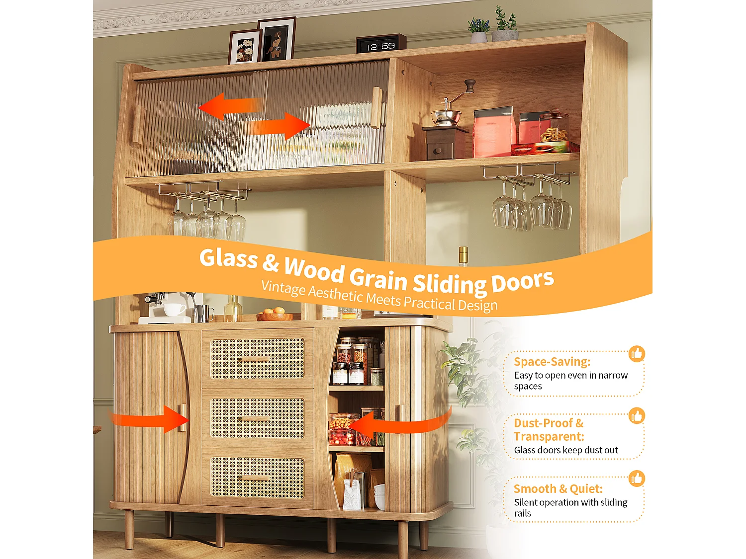 High kitchen sideboard with rattan-look finish - 140 x 40.5 x 174.5 cm - with doors, shelves, and drawers - MDF and metal - natural