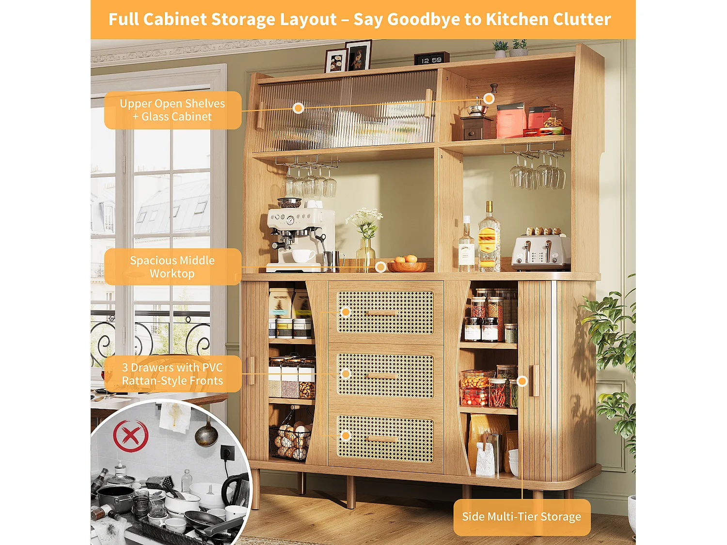 High kitchen sideboard with rattan-look finish - 140 x 40.5 x 174.5 cm - with doors, shelves, and drawers - MDF and metal - natural