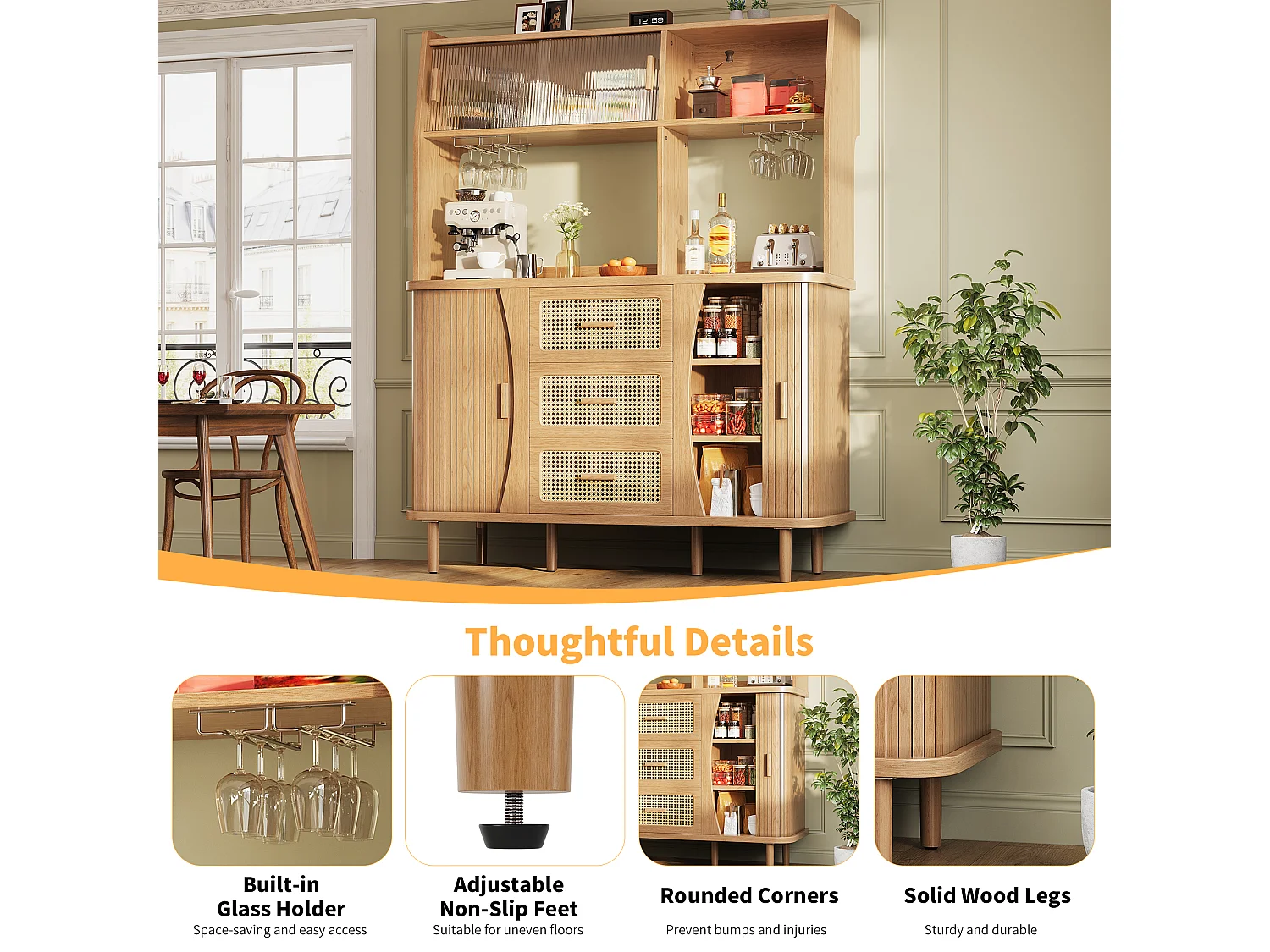 High kitchen sideboard with rattan-look finish - 140 x 40.5 x 174.5 cm - with doors, shelves, and drawers - MDF and metal - natural