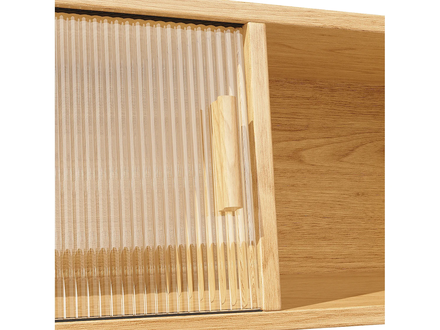 High kitchen sideboard with rattan-look finish - 140 x 40.5 x 174.5 cm - with doors, shelves, and drawers - MDF and metal - natural