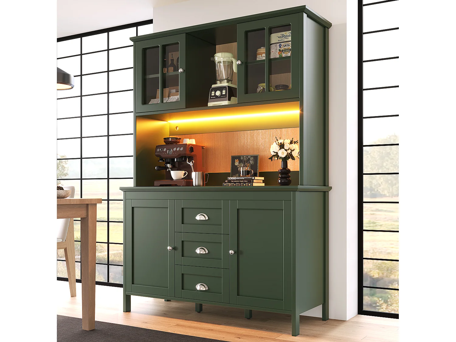 High kitchen sideboard - 120 x 40 x 179 cm - with LEDs + 4 doors + 3 drawers + shelf - MDF + metal - green