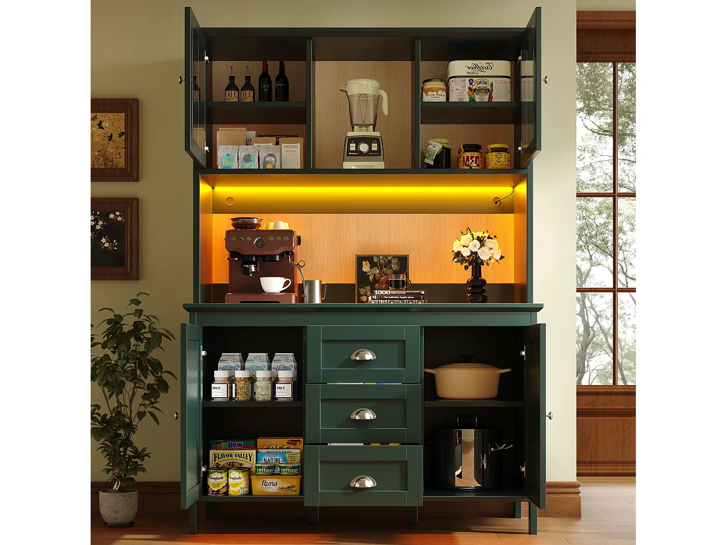 High kitchen sideboard - 120 x 40 x 179 cm - with LEDs + 4 doors + 3 drawers + shelf - MDF + metal - green