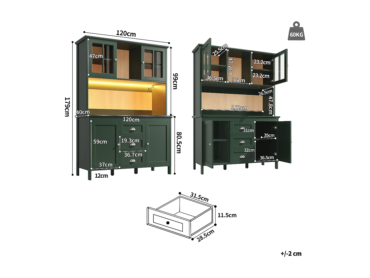 High kitchen sideboard - 120 x 40 x 179 cm - with LEDs + 4 doors + 3 drawers + shelf - MDF + metal - green