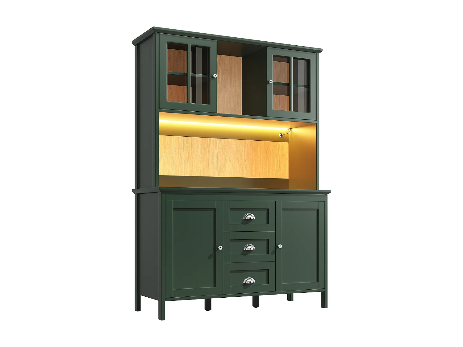 High kitchen sideboard - 120 x 40 x 179 cm - with LEDs + 4 doors + 3 drawers + shelf - MDF + metal - green