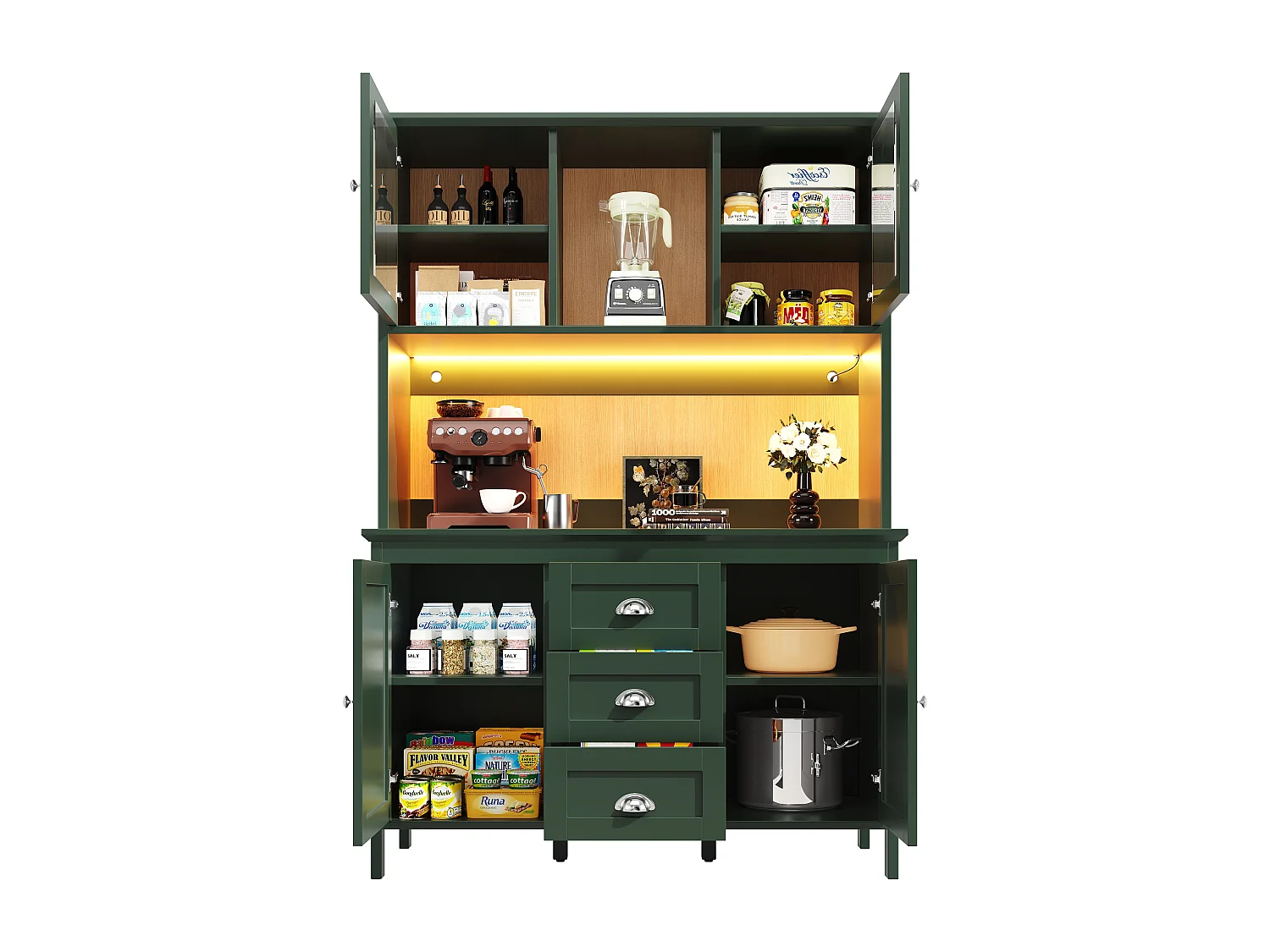 High kitchen sideboard - 120 x 40 x 179 cm - with LEDs + 4 doors + 3 drawers + shelf - MDF + metal - green