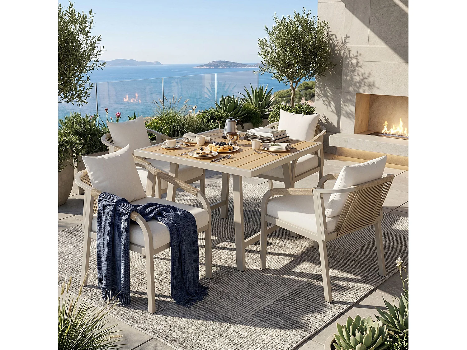 5-piece garden table and chair set - with 1 table + 4 chairs - galvanized iron frame - beige