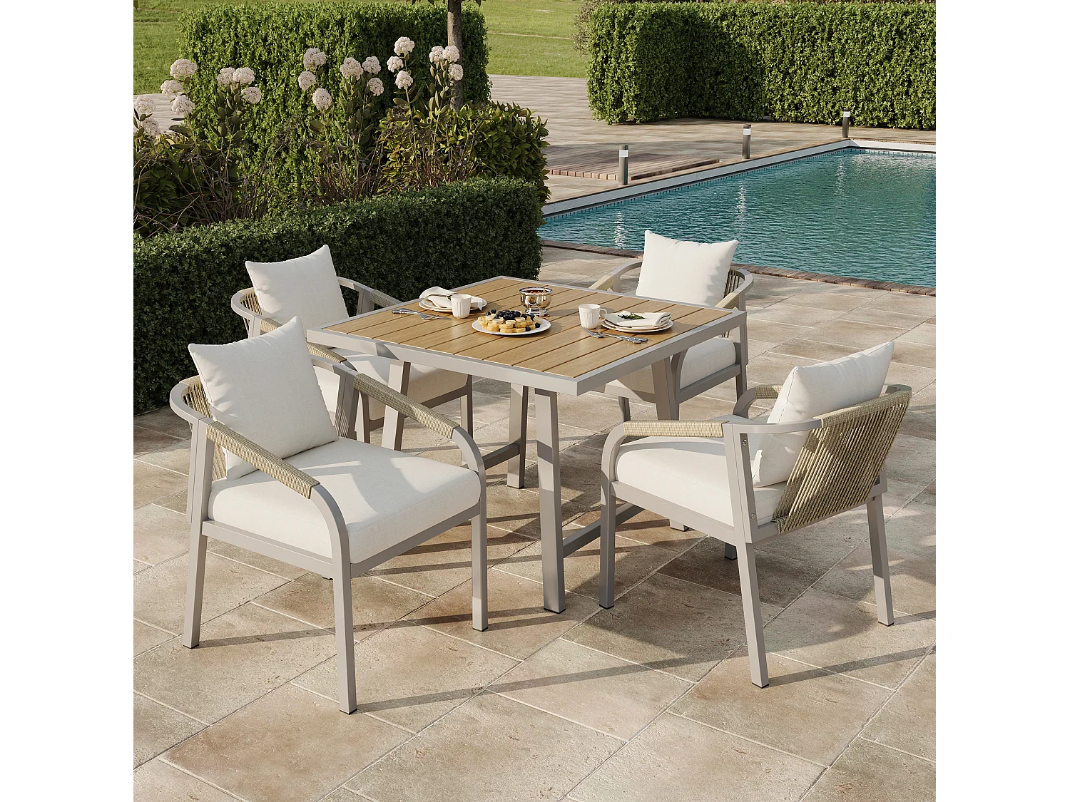 5-piece garden table and chair set - with 1 table + 4 chairs - galvanized iron frame - beige