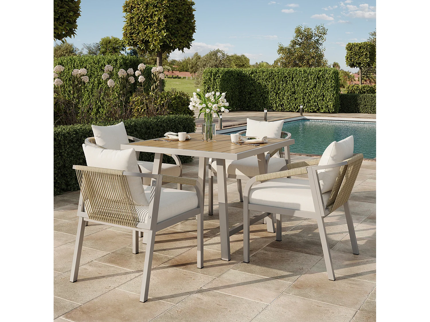 5-piece garden table and chair set - with 1 table + 4 chairs - galvanized iron frame - beige