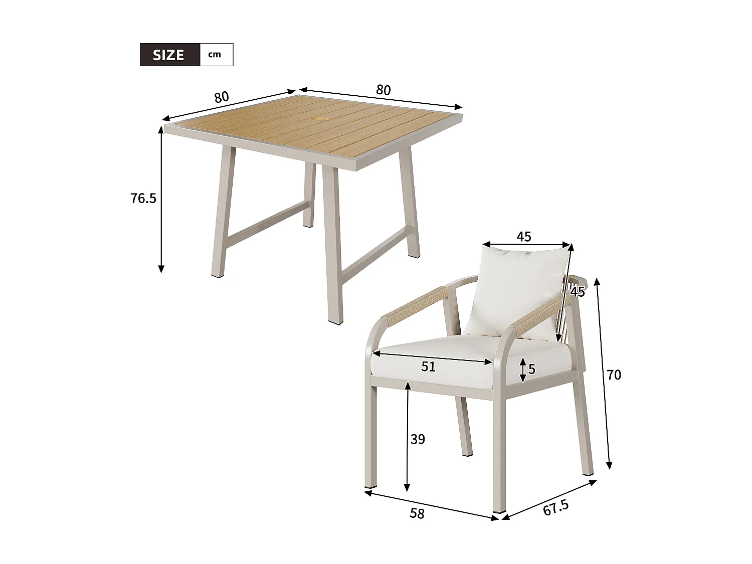 5-piece garden table and chair set - with 1 table + 4 chairs - galvanized iron frame - beige