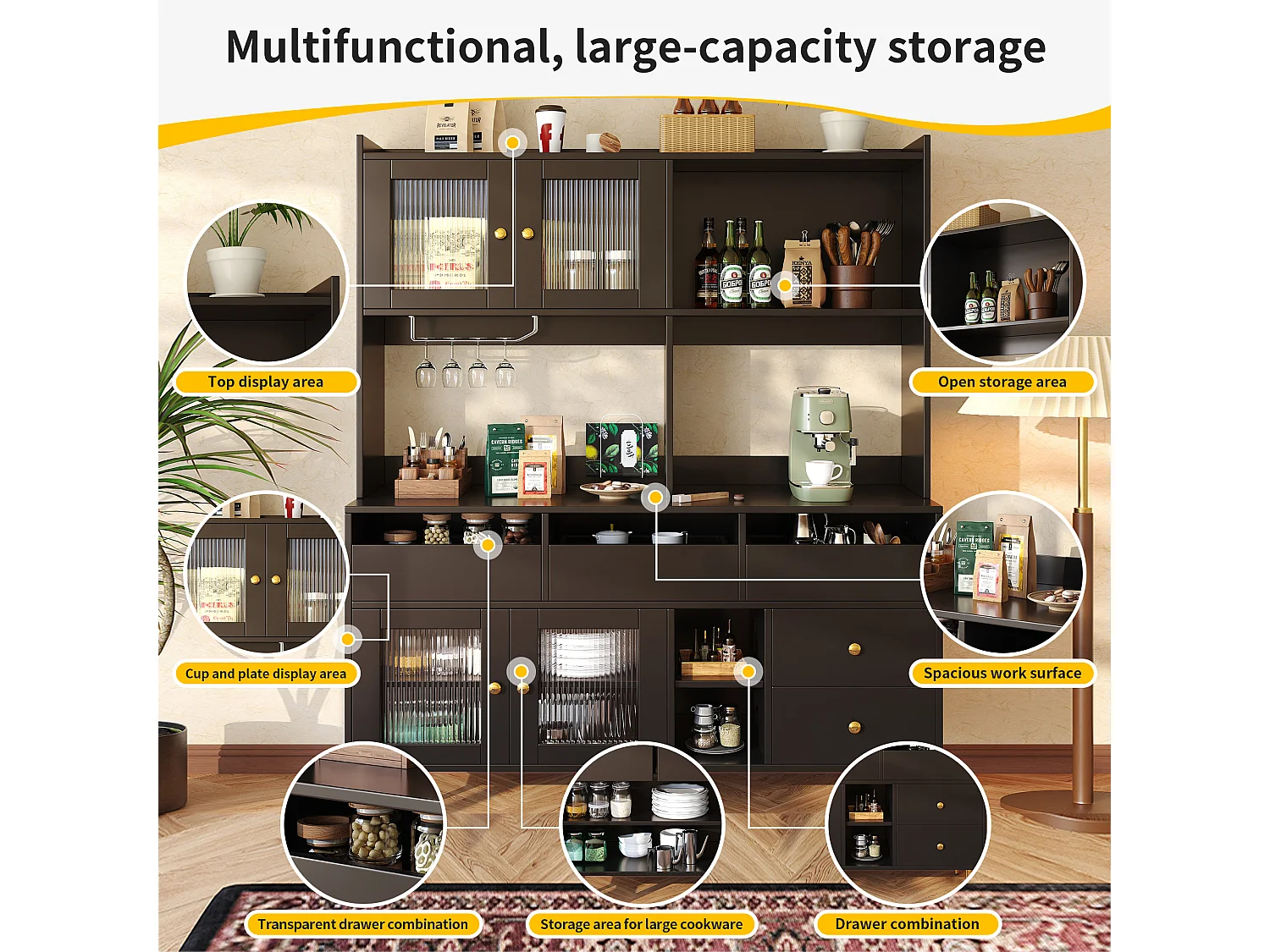 High kitchen sideboard - 145 x 39 x 171 cm - with 4 glass doors + 5 drawers - MDF - black