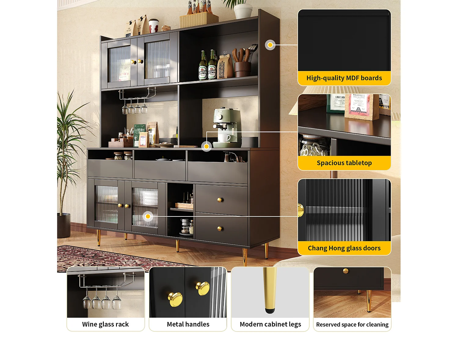 High kitchen sideboard - 145 x 39 x 171 cm - with 4 glass doors + 5 drawers - MDF - black