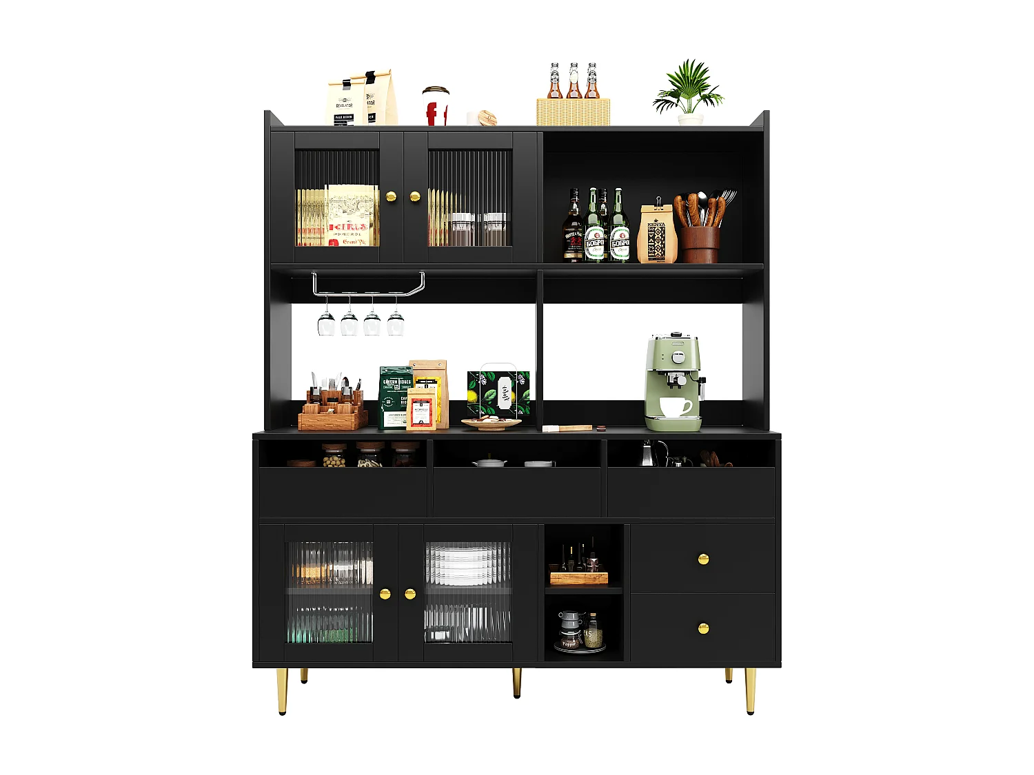 High kitchen sideboard - 145 x 39 x 171 cm - with 4 glass doors + 5 drawers - MDF - black