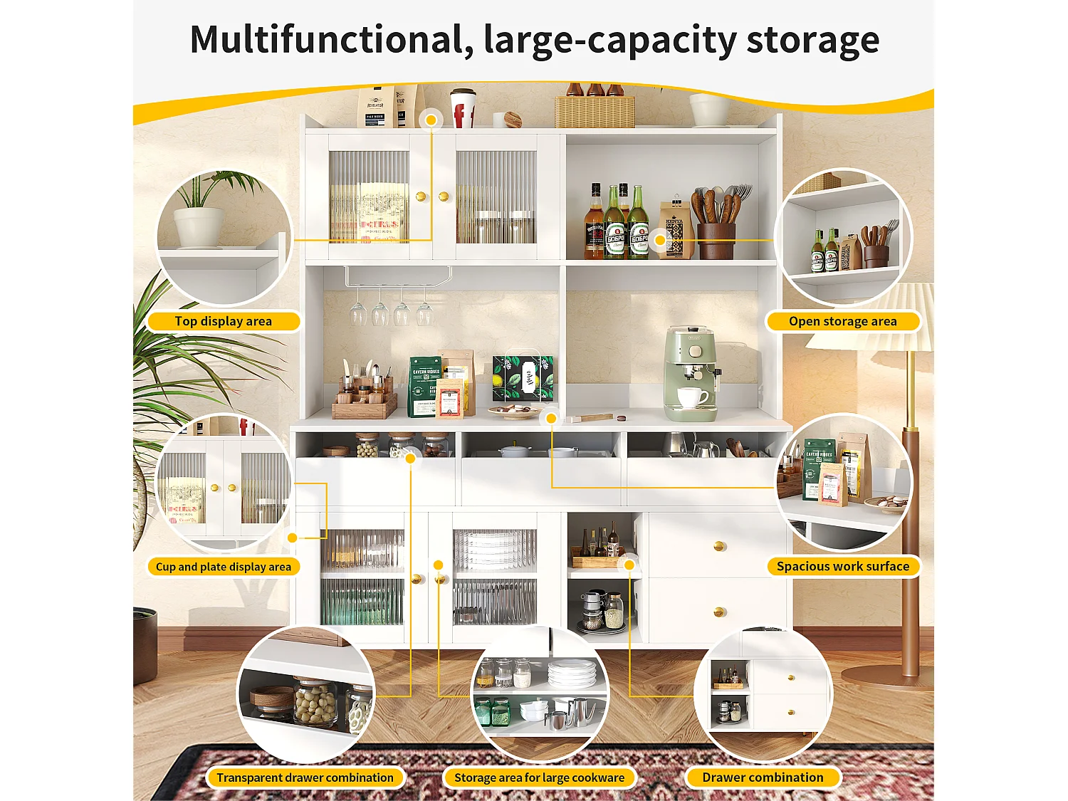 Kitchen sideboard with 4 glass doors + 5 drawers and open compartment - 145 x 39 x 171 cm - MDF wood - White