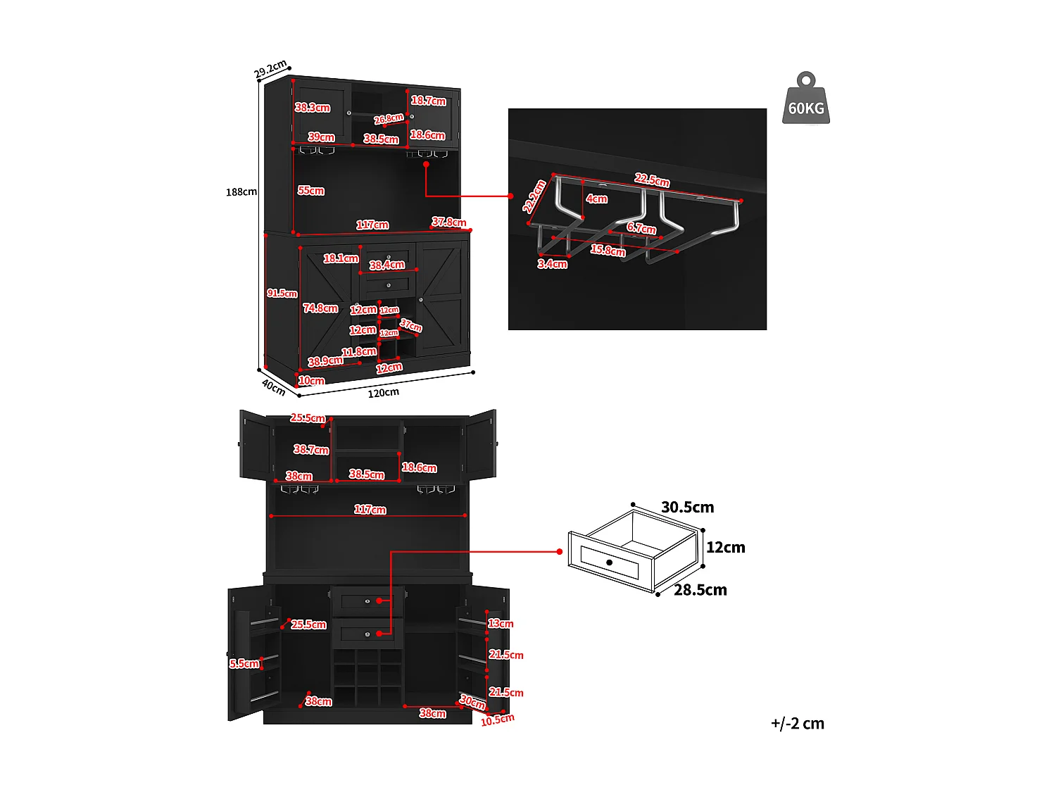 Kitchen sideboard - 120 x 40 x 188 cm - with adjustable shelves + wine rack + 4 doors + 2 drawers - MDF - black
