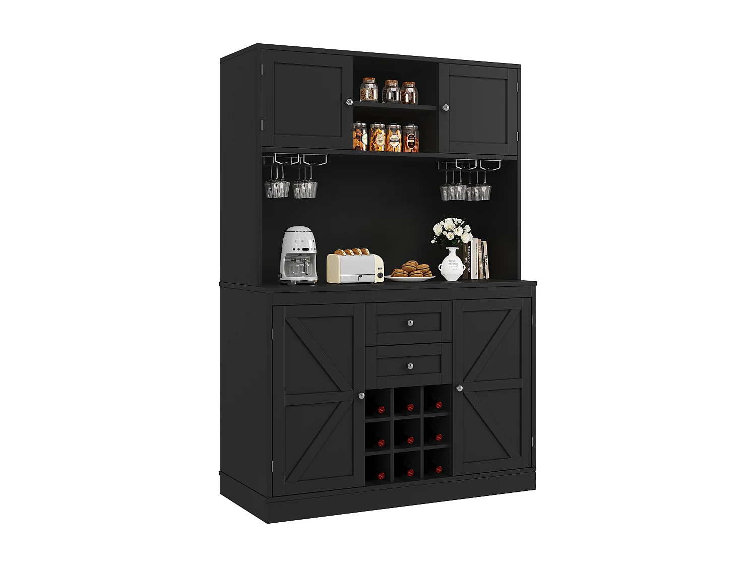 Kitchen sideboard - 120 x 40 x 188 cm - with adjustable shelves + wine rack + 4 doors + 2 drawers - MDF - black