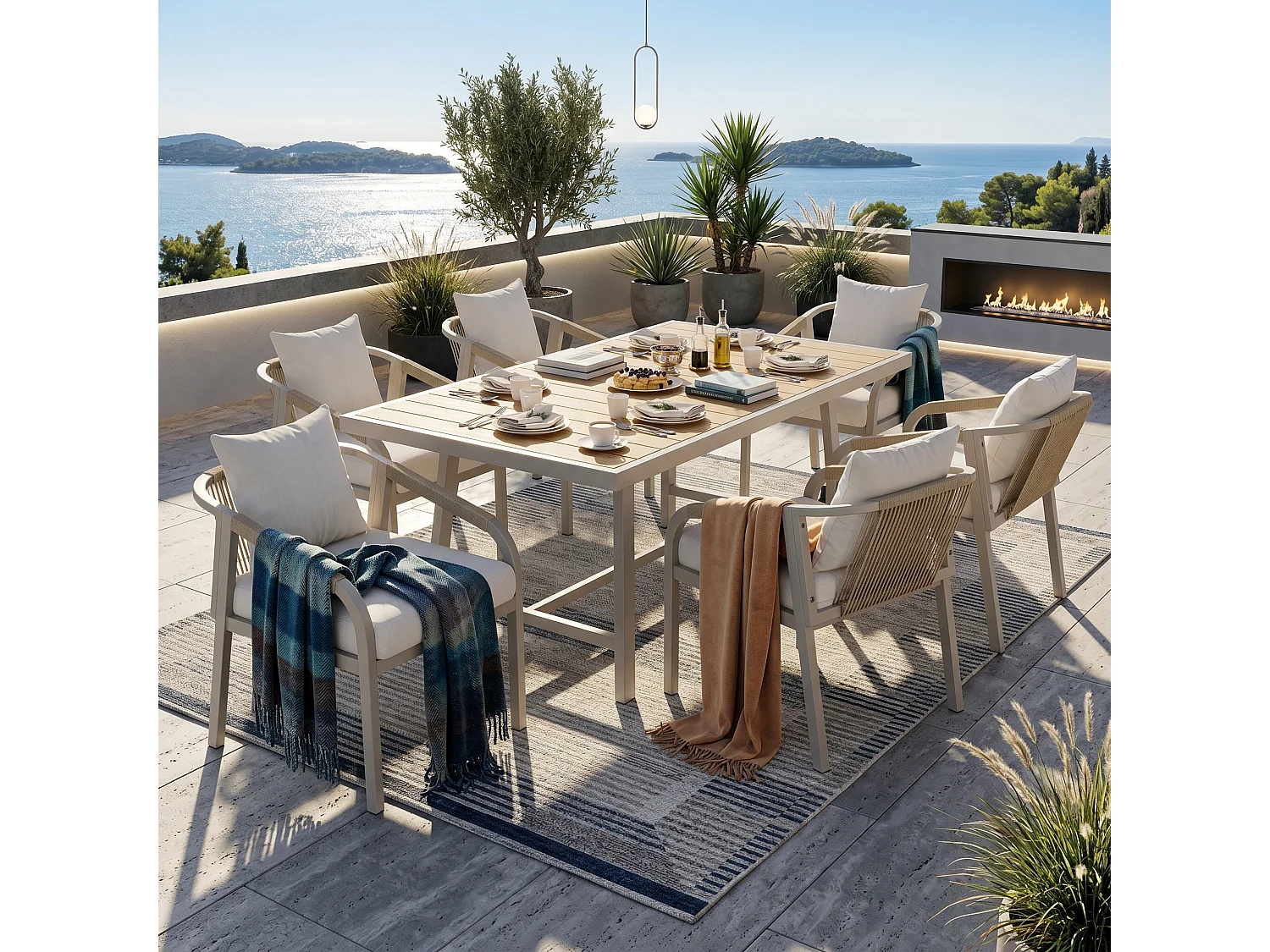 7-piece garden table and chair set - with table + 6 chairs - galvanized iron frame - beige