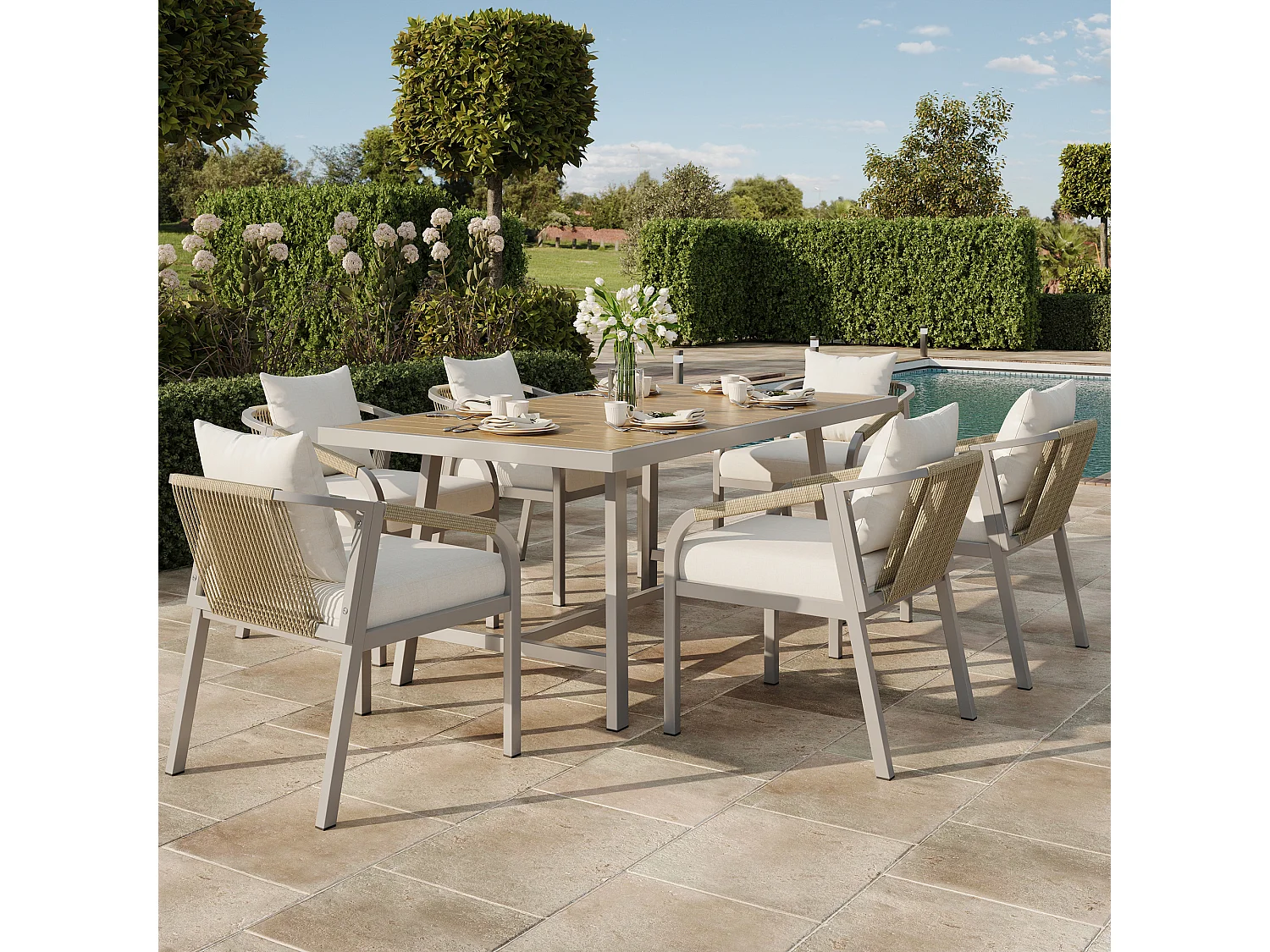 7-piece garden table and chair set - with table + 6 chairs - galvanized iron frame - beige