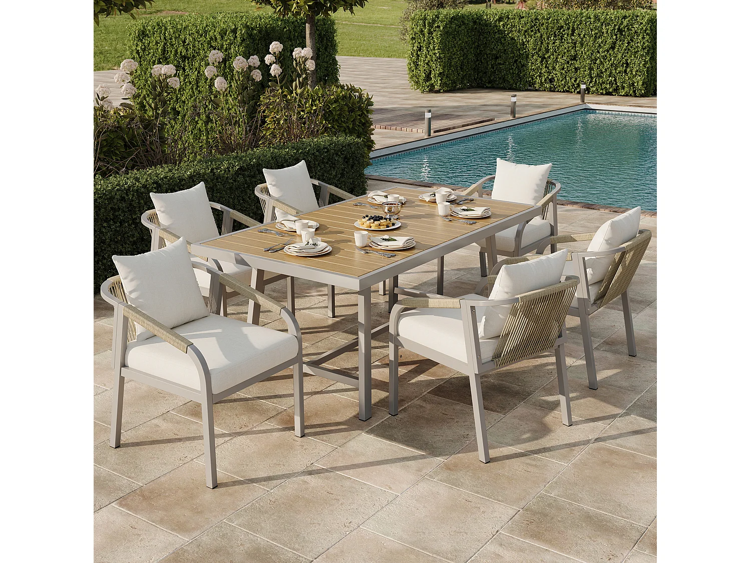 7-piece garden table and chair set - with table + 6 chairs - galvanized iron frame - beige