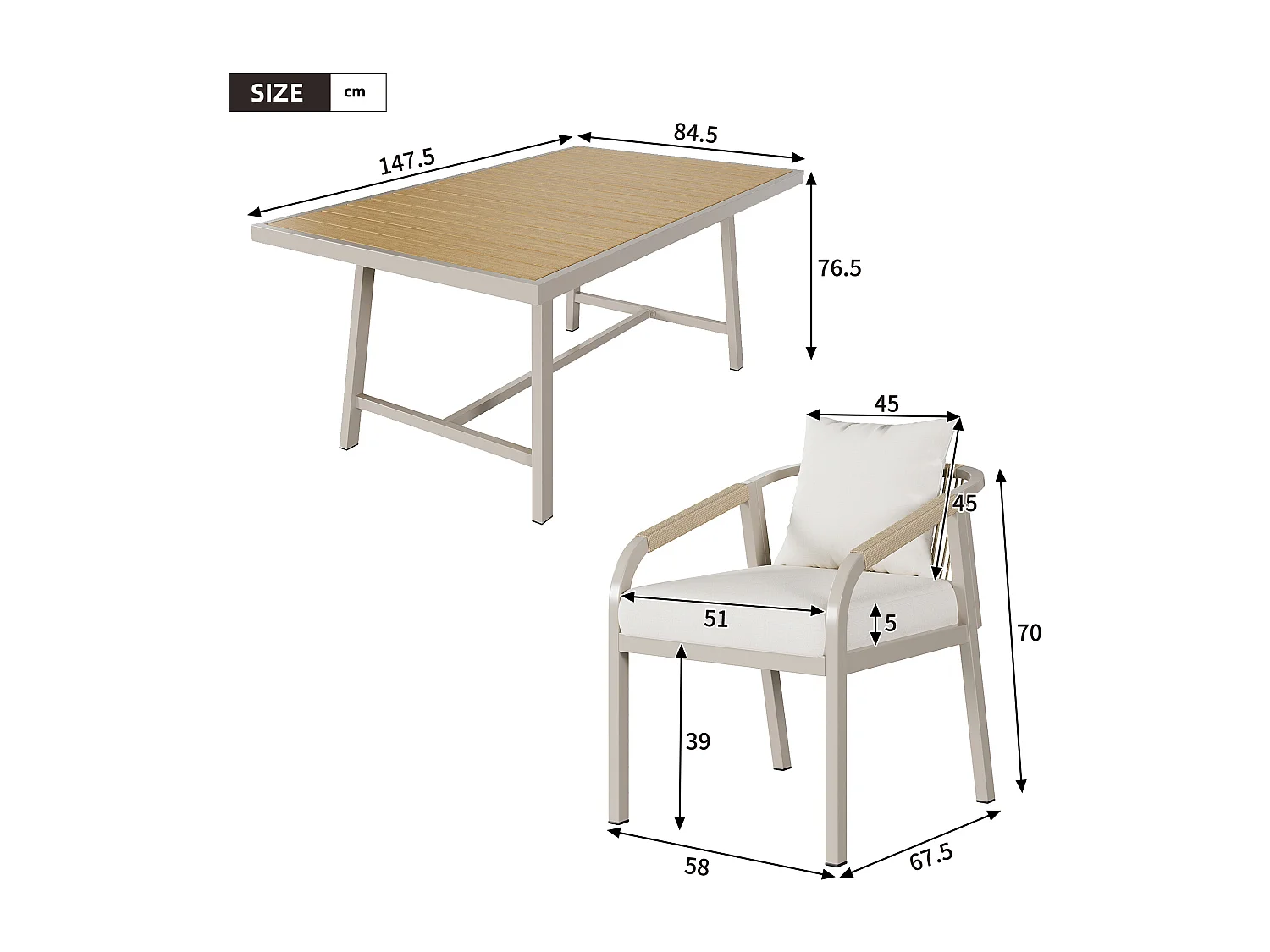 7-piece garden table and chair set - with table + 6 chairs - galvanized iron frame - beige