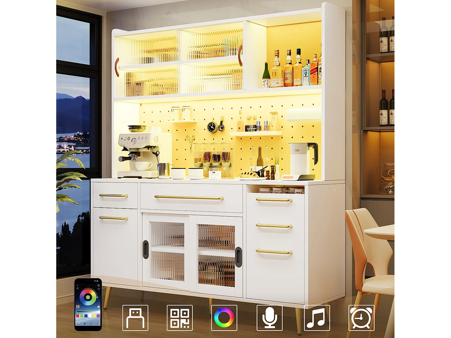 Modern kitchen sideboard - 145 x 39 x 171 cm - with doors + LEDs + drawers + glass shelf - MDF + glass - white
