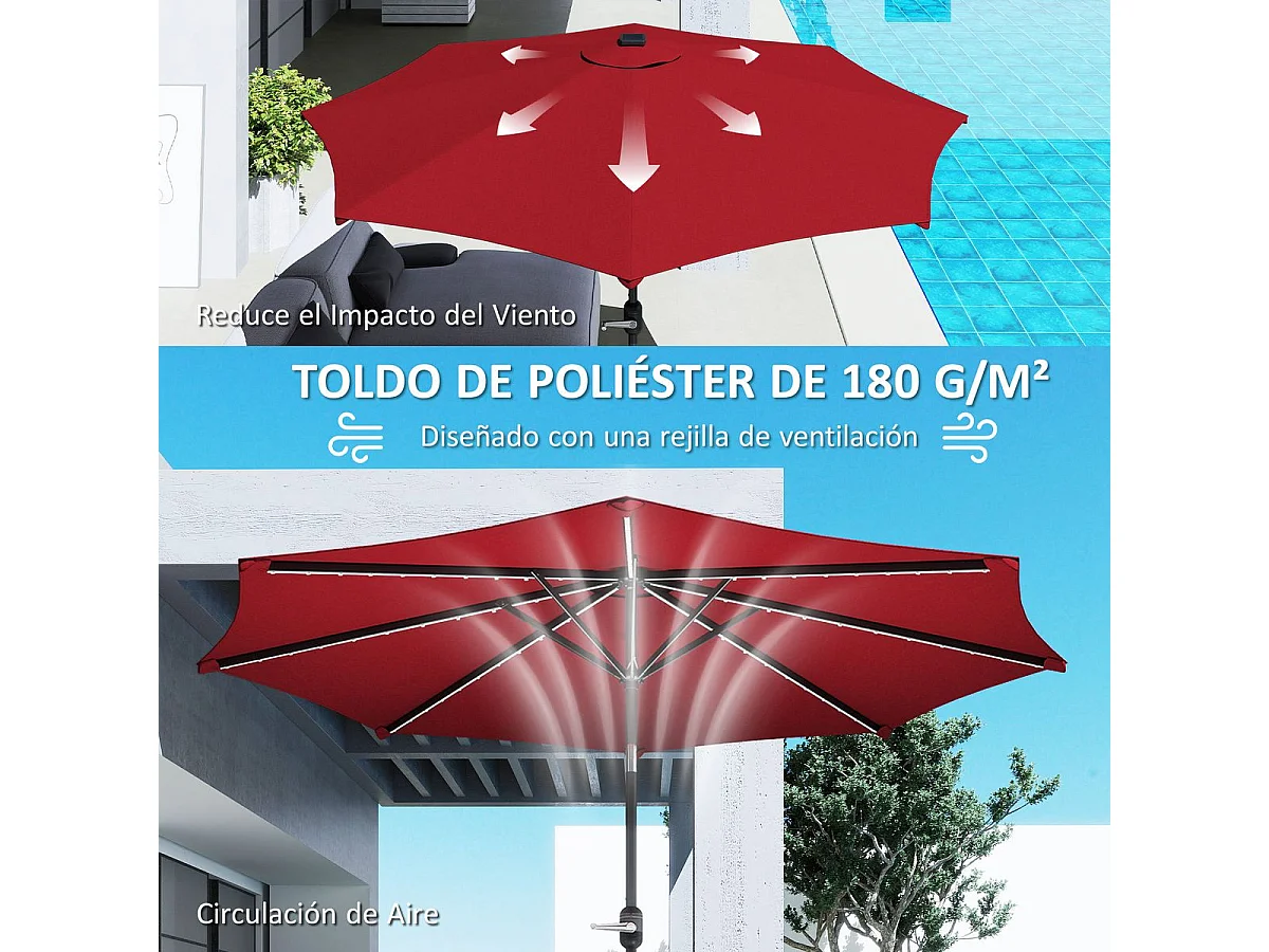 Sombrilla de jardín Rosa Outsunny con manivela y ángulo ajustable rojo Ø292x252 cm