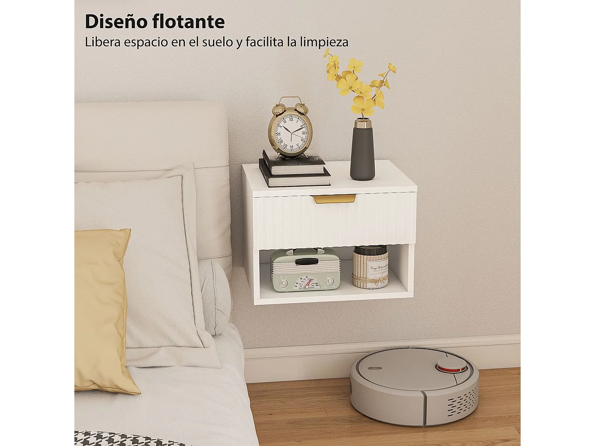 Pack de 2 mesitas de noche Berta flotantes con estante y cajón blanco