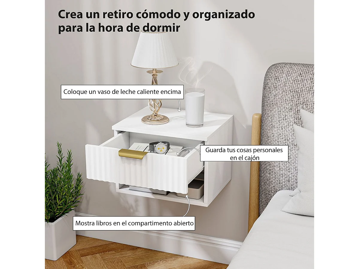 Pack de 2 mesitas de noche Berta flotantes con estante y cajón blanco