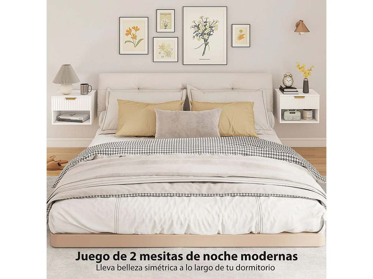 Pack de 2 mesitas de noche Berta flotantes con estante y cajón blanco