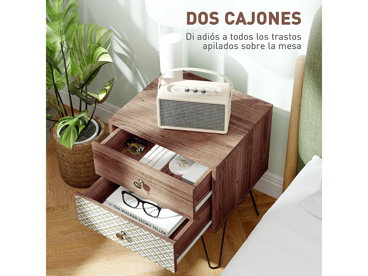 Mesita de noche Boho Homcom 2 cajones marrón 55,5x45x39 cm
