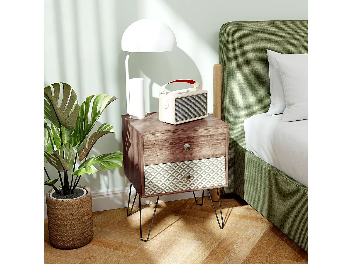 Mesita de noche Boho Homcom 2 cajones marrón 55,5x45x39 cm