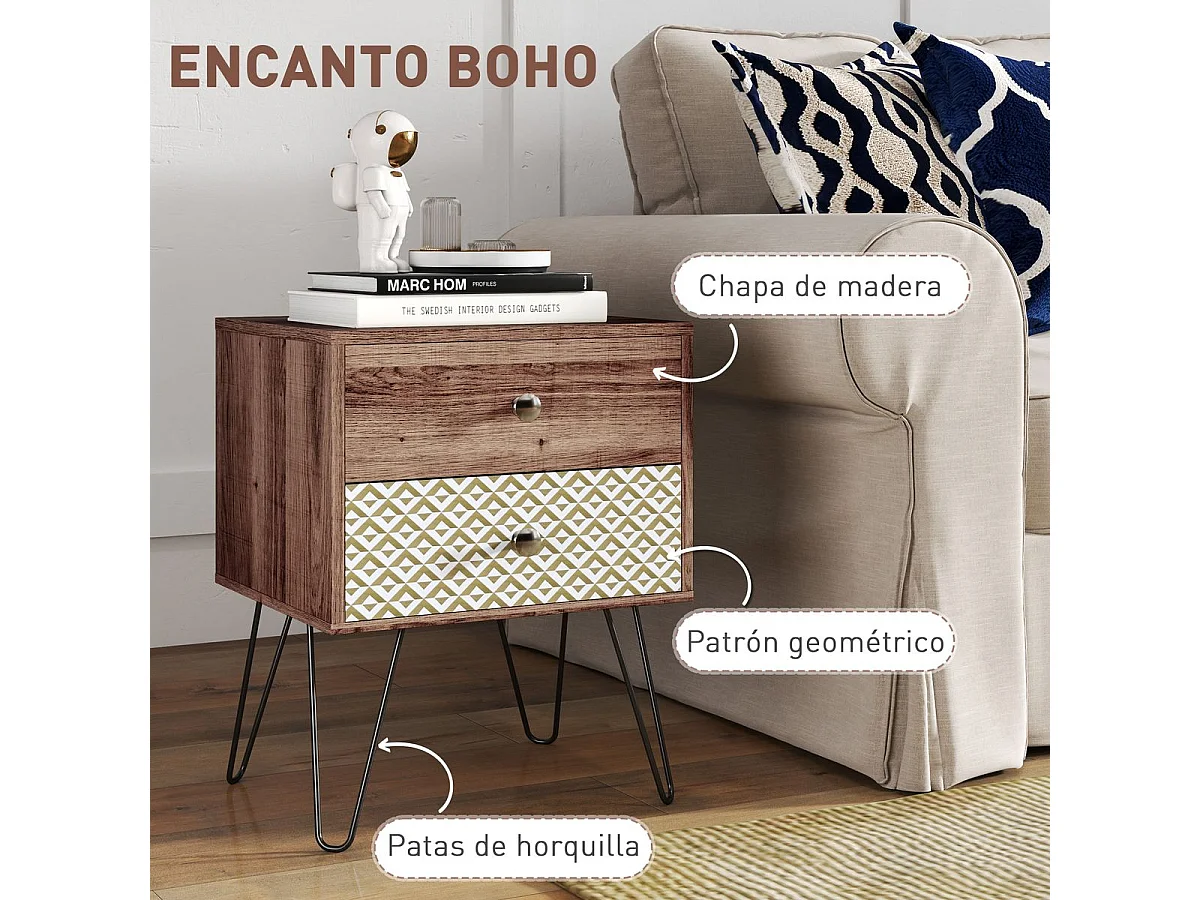 Mesita de noche Boho Homcom 2 cajones marrón 55,5x45x39 cm