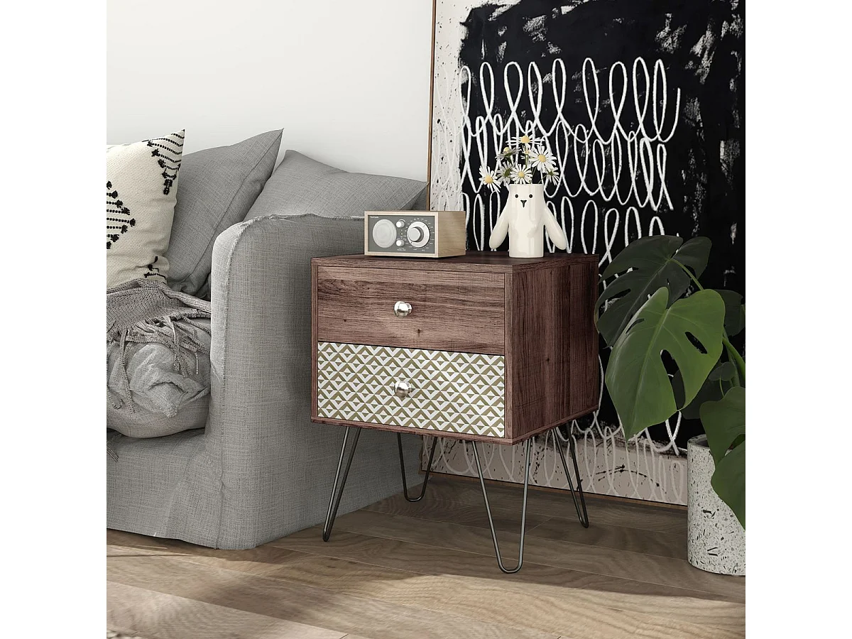 Mesita de noche Boho Homcom 2 cajones marrón 55,5x45x39 cm