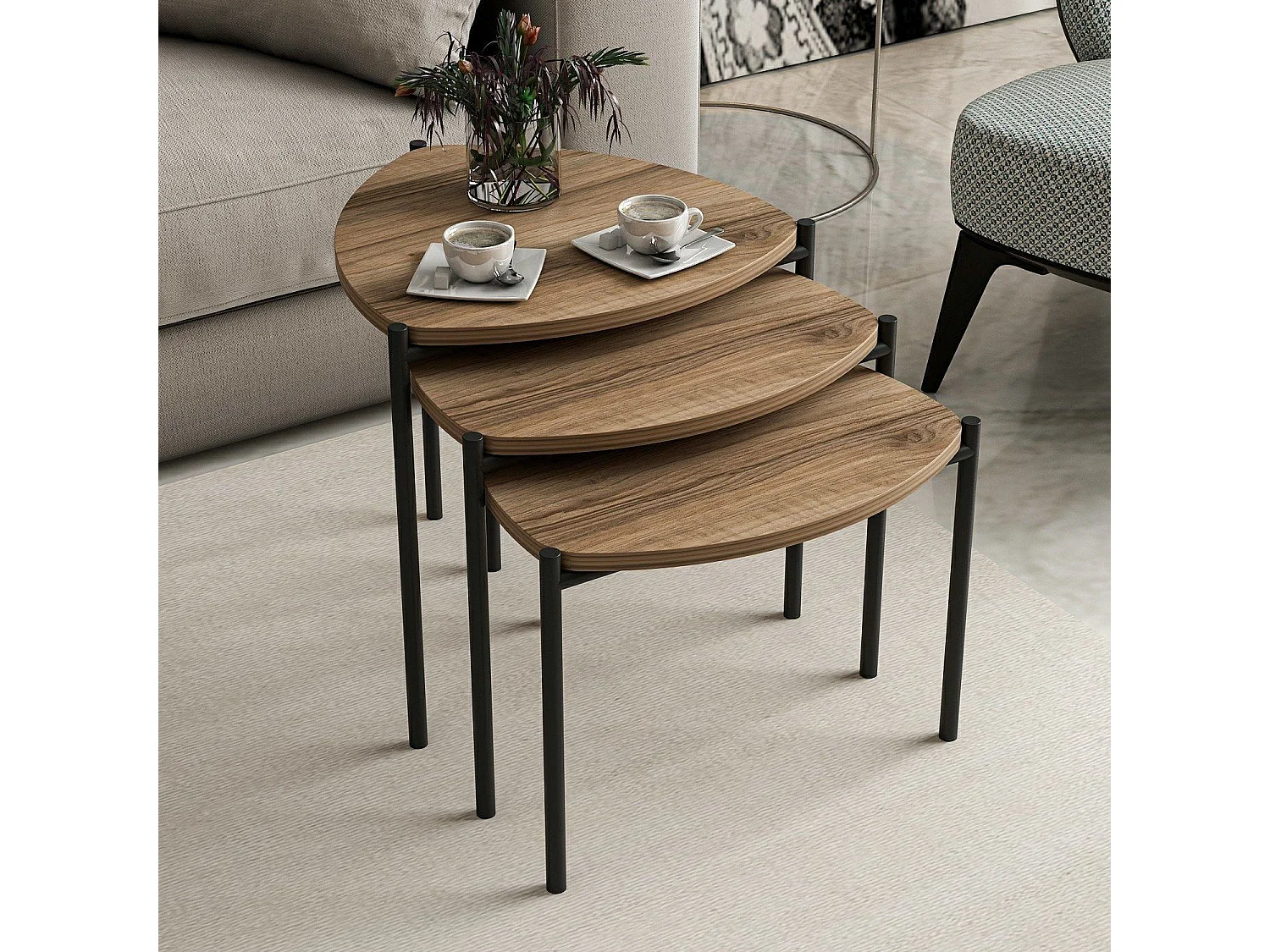 Modernt set med 3 stapelbara soffbord Lenny Tris - Mörkt trä och svart metall