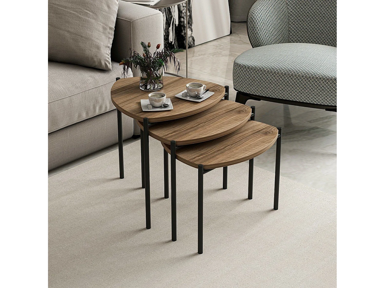 Modernt set med 3 stapelbara soffbord Lenny Tris - Mörkt trä och svart metall