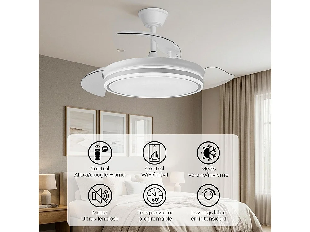 Ventilador de techo led retráctil 107 cm blanco wifi - EOS Plus