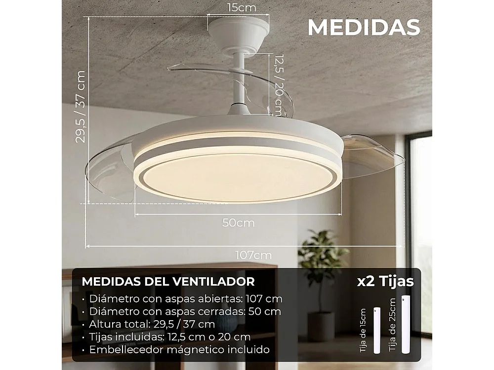 Ventilador de techo led retráctil 107 cm blanco wifi - EOS Plus