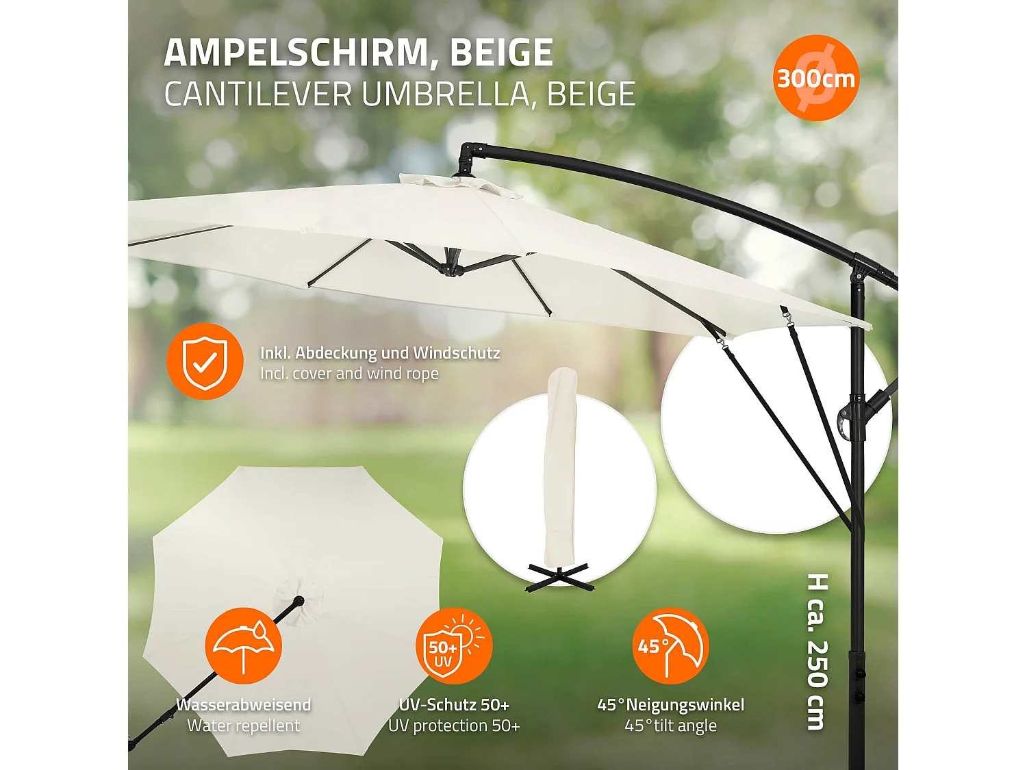 ML-Design Sombrilla de jardín Ø300cm de aluminio beige parasol volafiza de terraza con soporte, giratoria 360° e inclinable con manivela