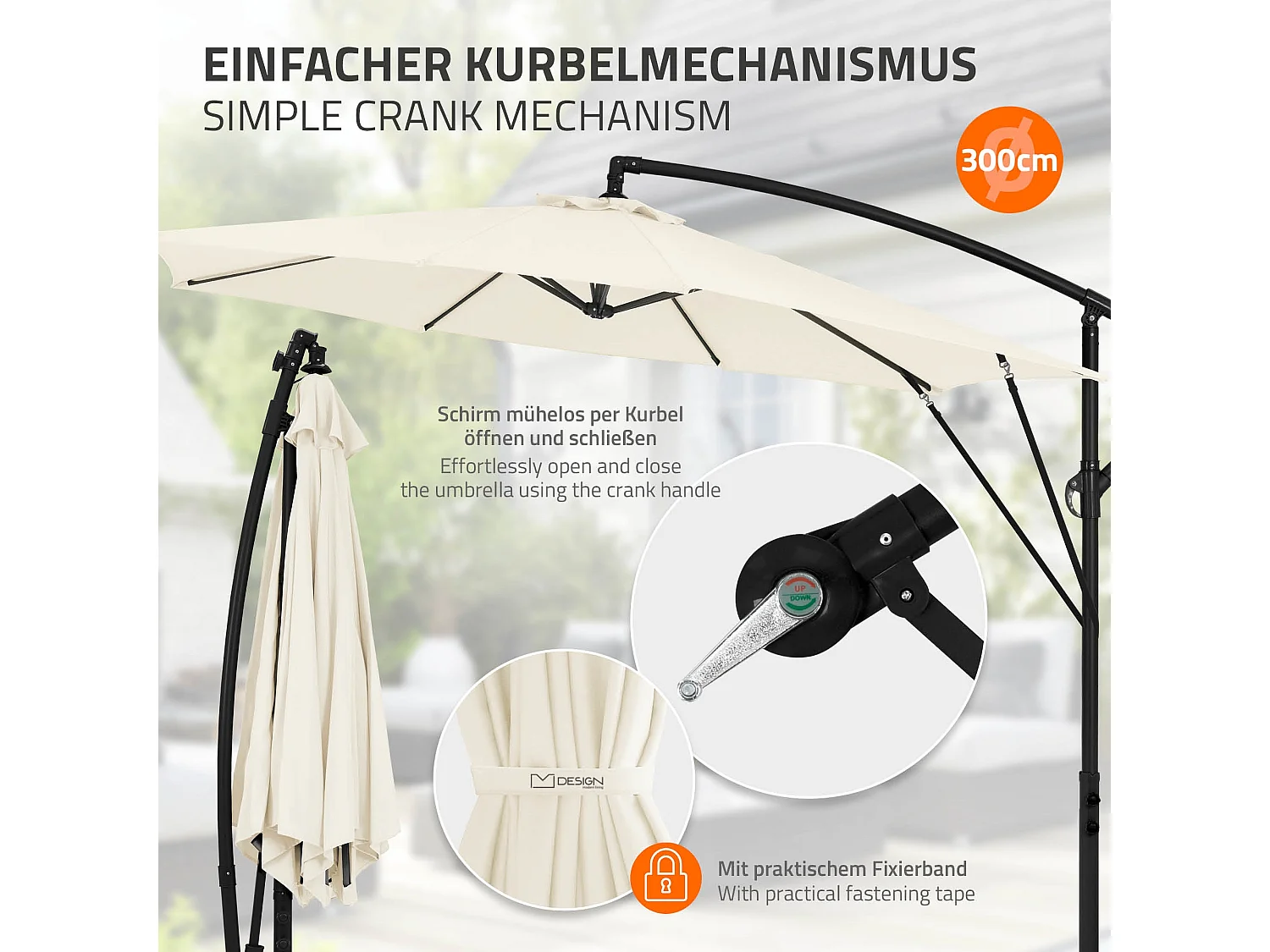 ML-Design Sombrilla de jardín Ø300cm de aluminio beige parasol volafiza de terraza con soporte, giratoria 360° e inclinable con manivela