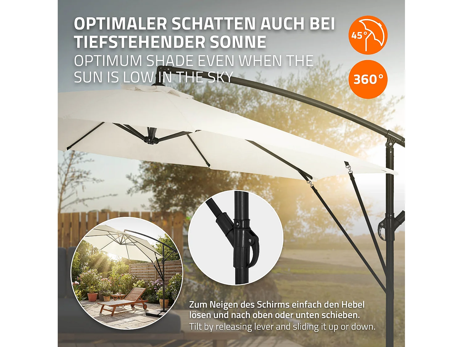 ML-Design Sombrilla de jardín Ø300cm de aluminio beige parasol volafiza de terraza con soporte, giratoria 360° e inclinable con manivela