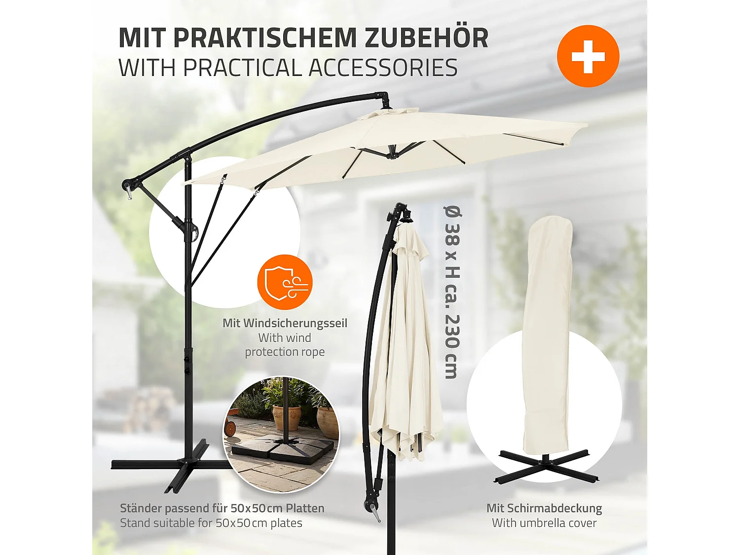 ML-Design Sombrilla de jardín Ø300cm de aluminio beige parasol volafiza de terraza con soporte, giratoria 360° e inclinable con manivela