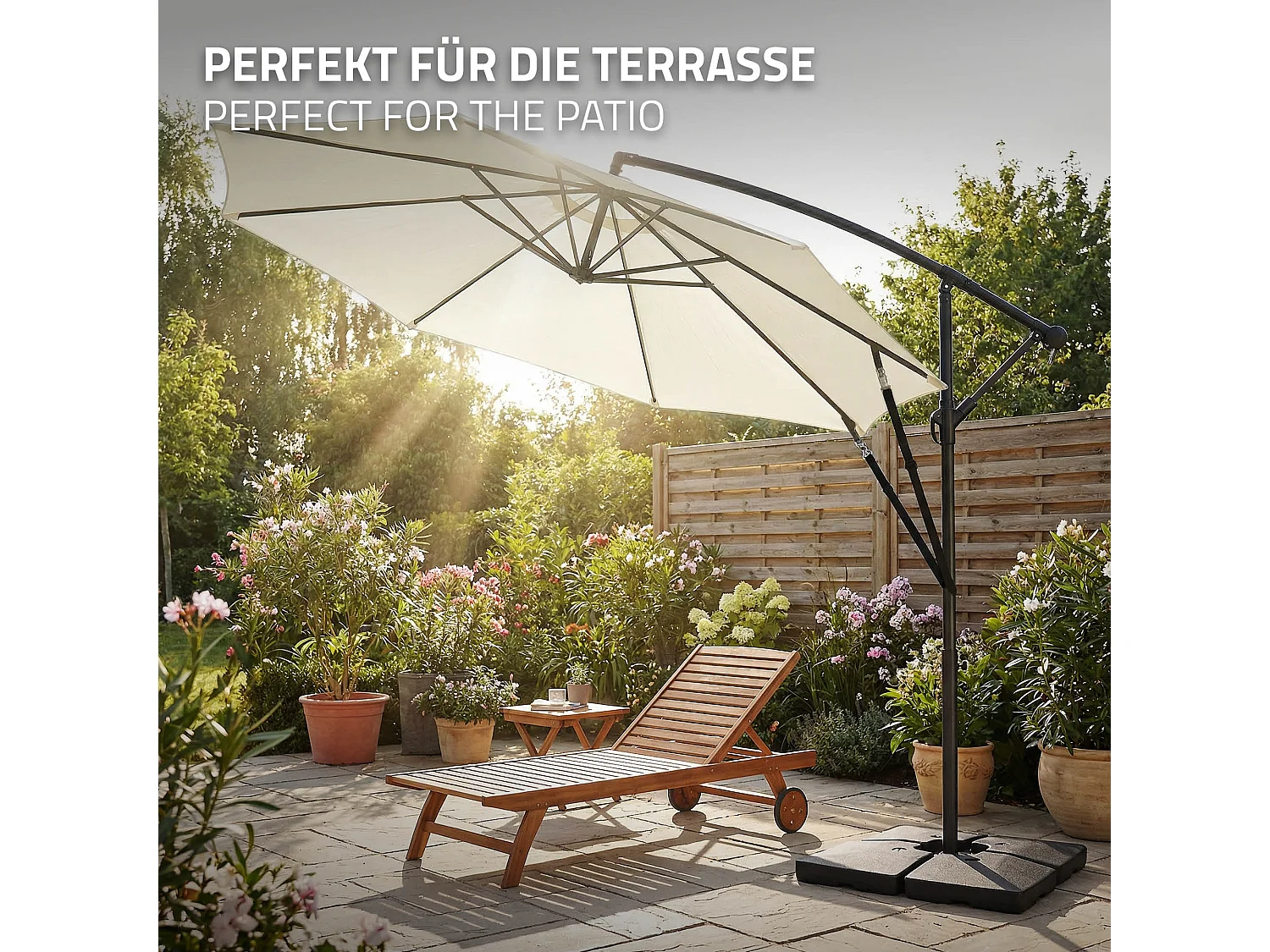 ML-Design Sombrilla de jardín Ø300cm de aluminio beige parasol volafiza de terraza con soporte, giratoria 360° e inclinable con manivela