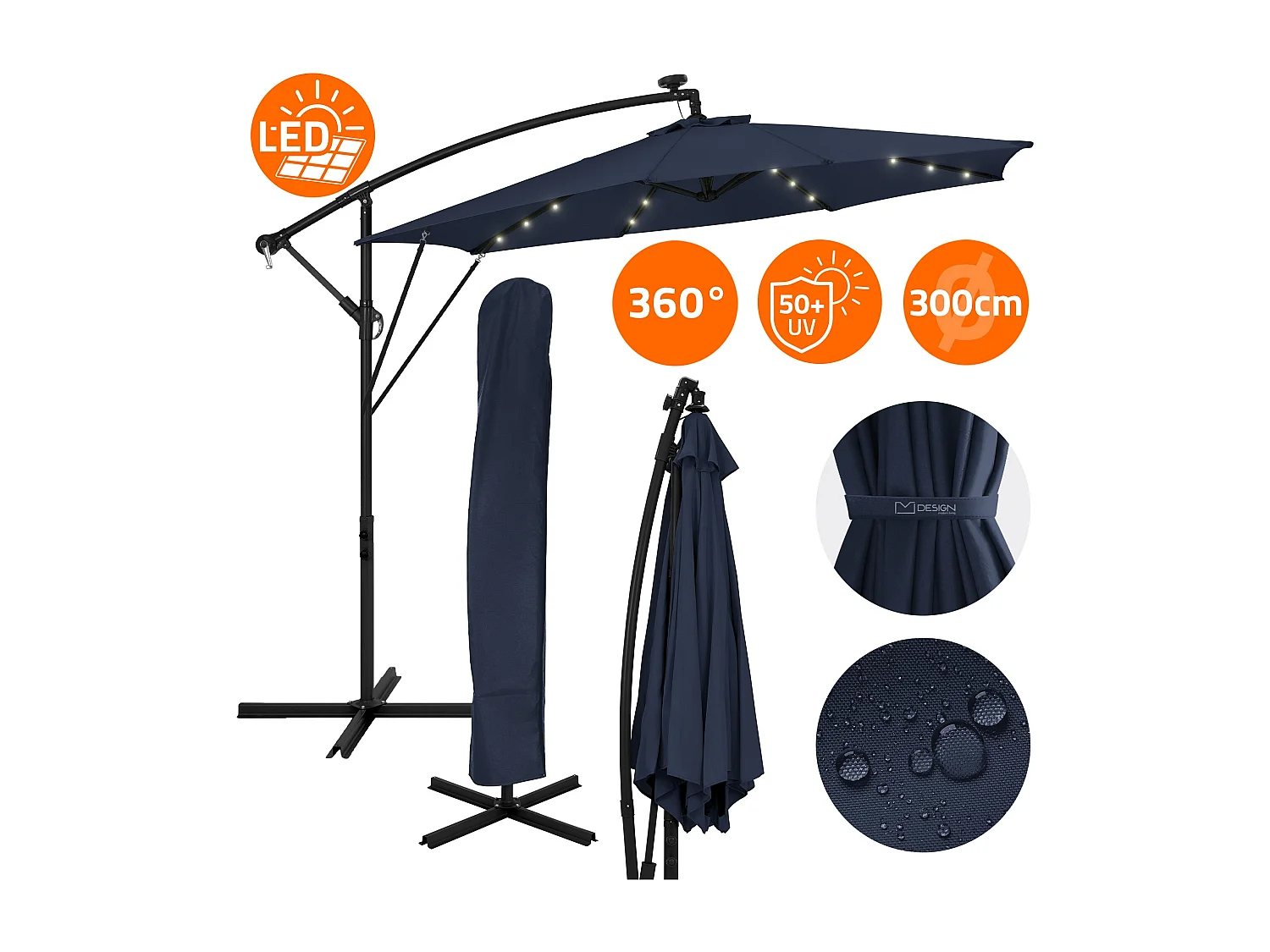 ML-Design Sombrilla de jardín con LED solar Ø300cm de aluminio azul marino parasol volafiza de terraza con soporte, giratoria 360° e inclinable
