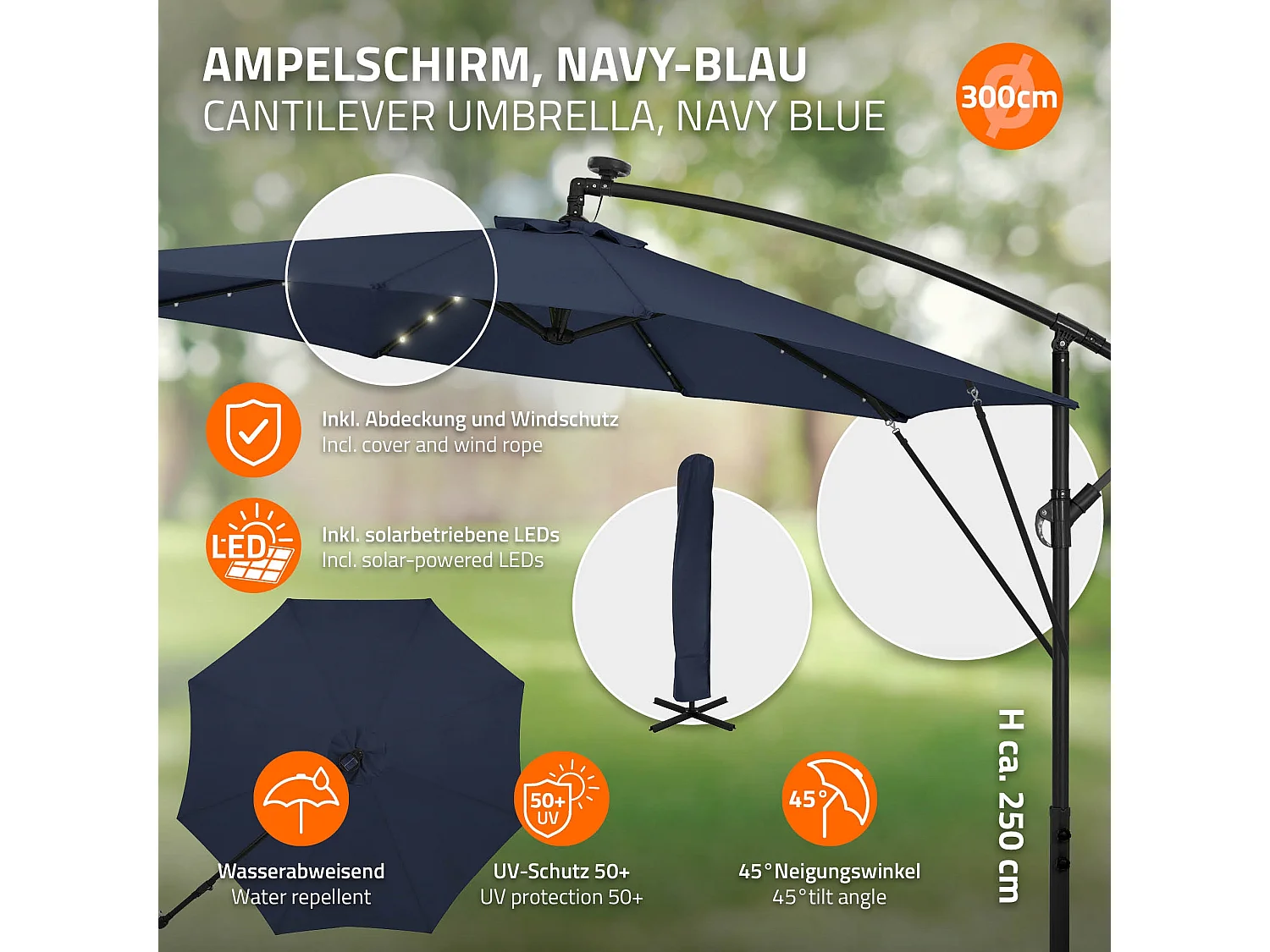 ML-Design Sombrilla de jardín con LED solar Ø300cm de aluminio azul marino parasol volafiza de terraza con soporte, giratoria 360° e inclinable