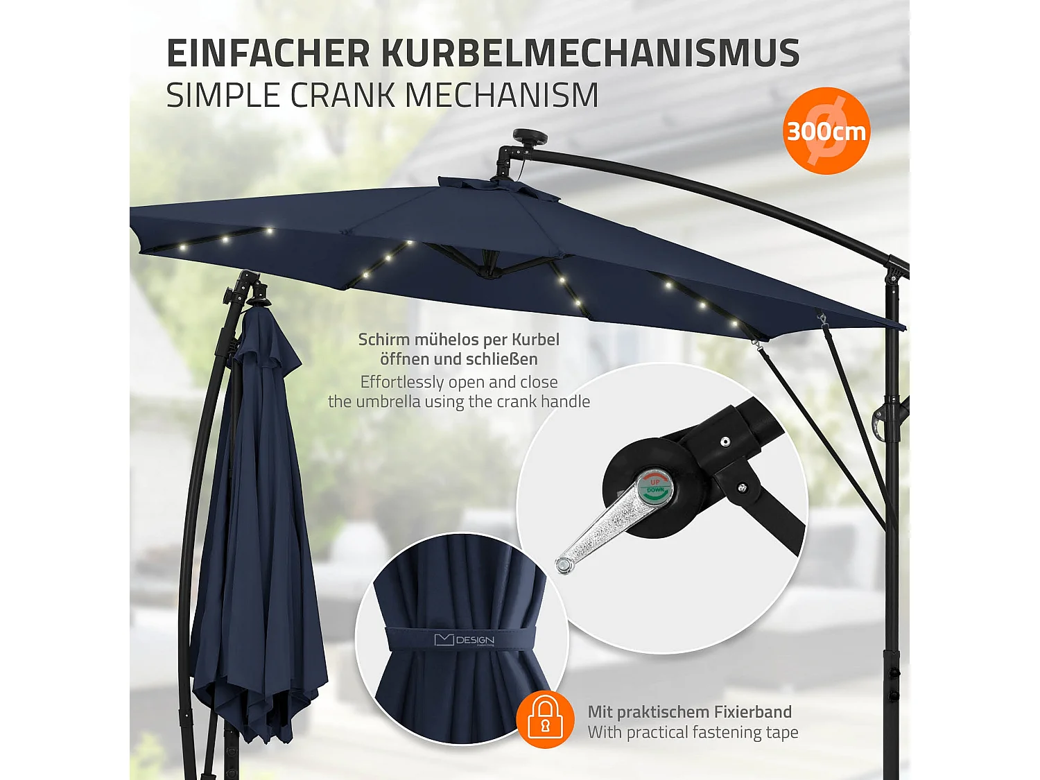 ML-Design Sombrilla de jardín con LED solar Ø300cm de aluminio azul marino parasol volafiza de terraza con soporte, giratoria 360° e inclinable